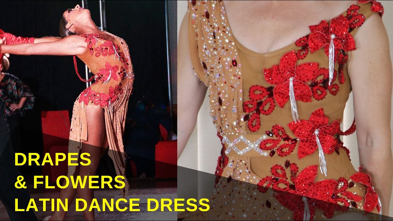 Latin Dance Dress with Drapes and Red Fabric Flowers.  Learn to design like this.