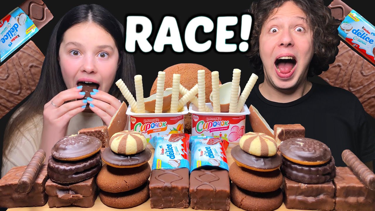 ASMR LEFTOVER DESSERT RACE! KINDER DELICE, CHOCOLATE CANDY BARS EATING SOUNDS MUKBANG 먹방