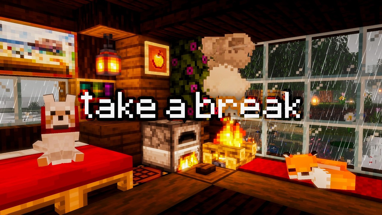 I made this Relaxing Minecraft Home Interior (fireplace & rain sound)