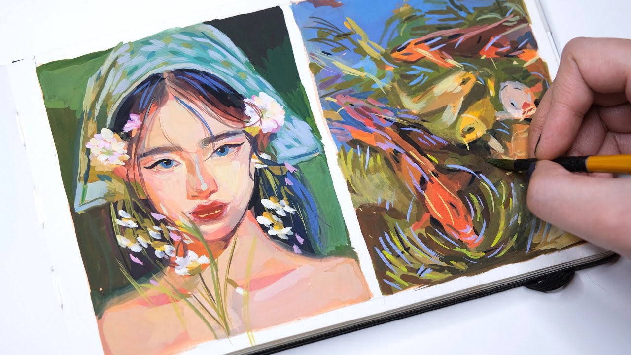 Gouache painting in my sketchbook | Paint with me | Painting a Portrait and Koi fish Pond