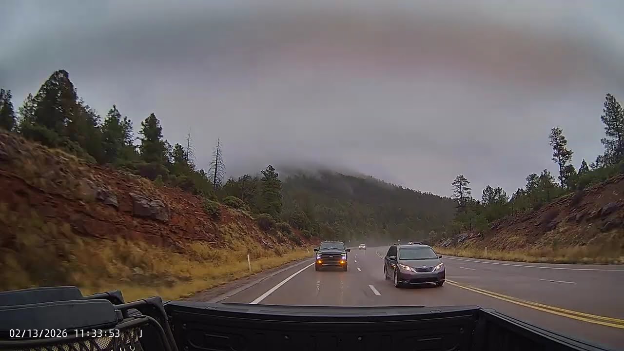 Blacky and Bluey driving down a foggy mountain rd