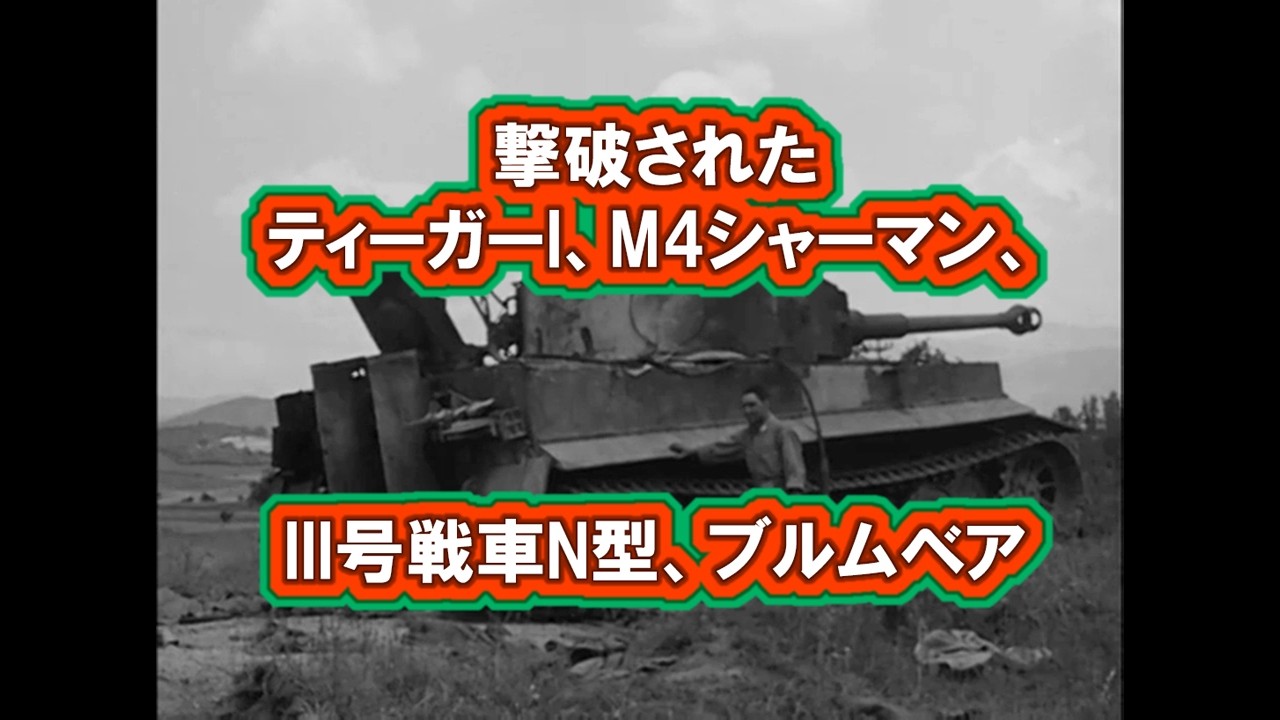 撃破された ティーガーI、M4シャーマン、III号戦車N型、ブルムベア　(720p)