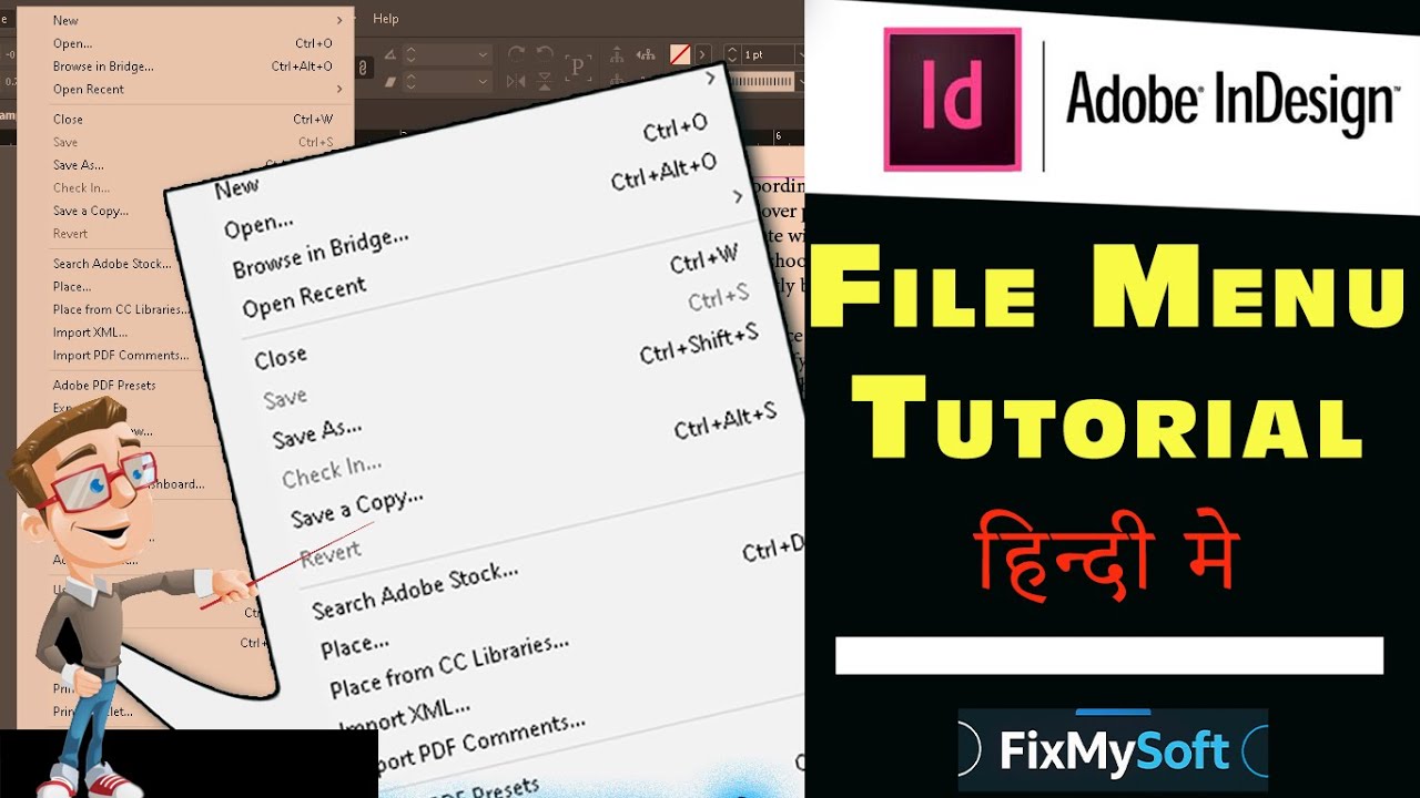 Adobe InDesign File Menu Tutorial in Hindi Part 1 | New, Open, Save, Export, Place Explained