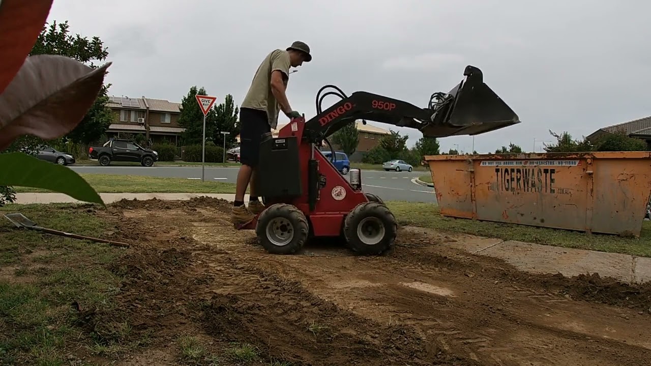 Removing old lawn and spreading mulch with Dingo skid steer