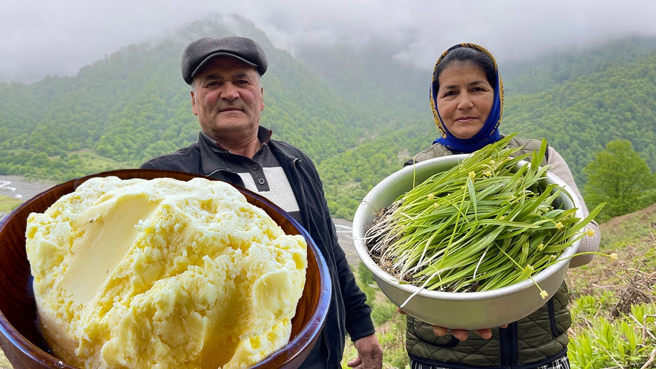 Family Harvesting Fresh Wild Onions from the Village Mountains! Making Organic Butter at Home