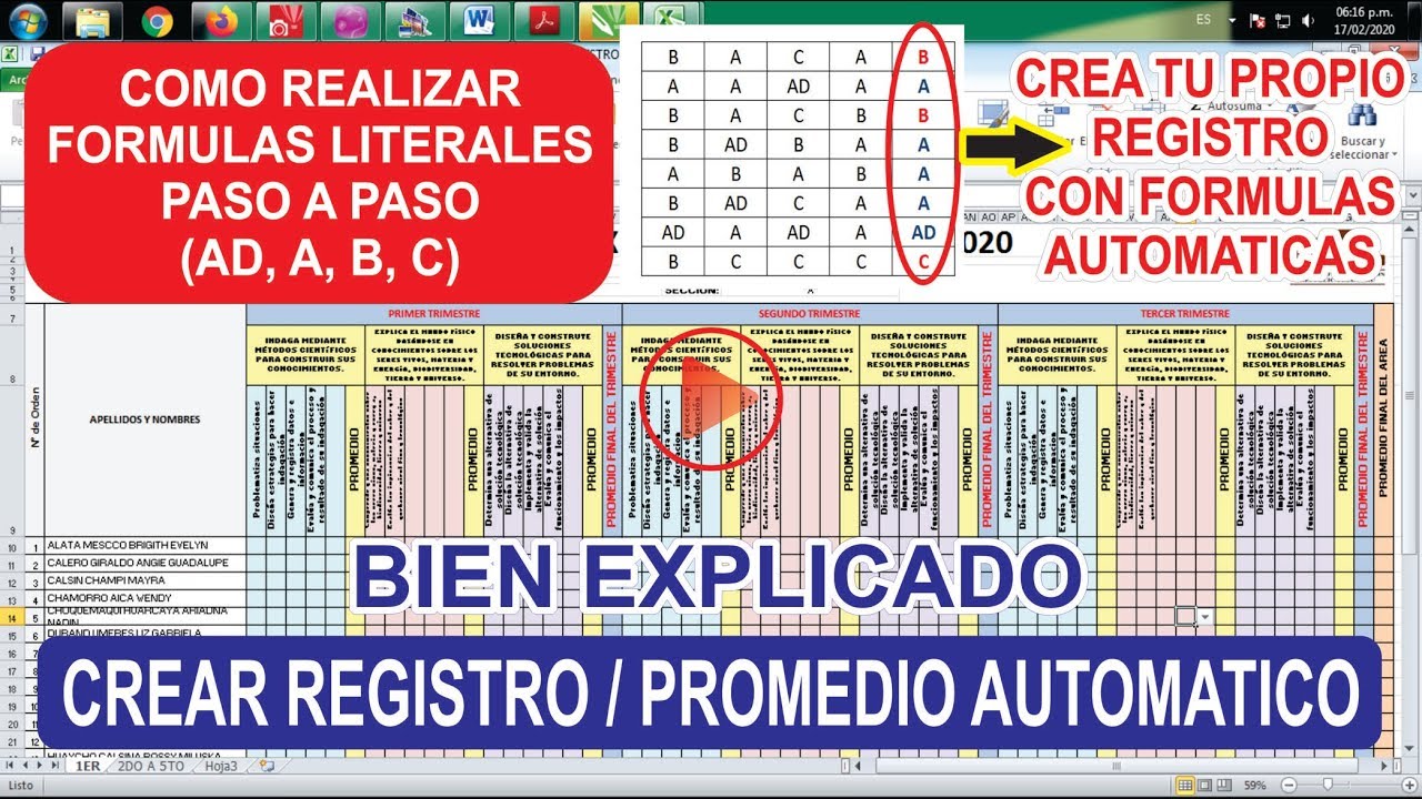 COMO HACER UN REGISTRO AUXILIAR DE NOTAS EN EXCEL / PROMEDIO AUTOMATICO EN LITERAL AD, A, B, C