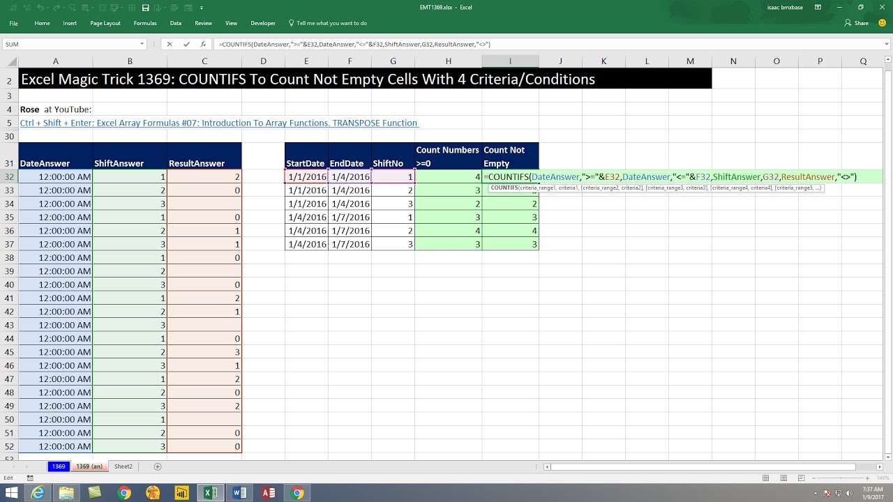 Excel Magic Trick 1369: COUNTIFS To Count Not Empty Cells With 4 Criteria/Conditions
