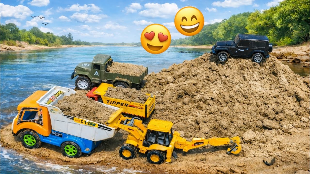 🌊 Toy Trucks & JCB River Side Sand Fun for Kids 🚜😍