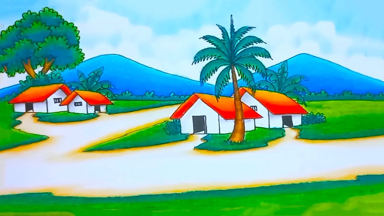 How to Draw a Village Scenery Step By Step Easy / Mountain Drawing Easy With Oil Pastel Color