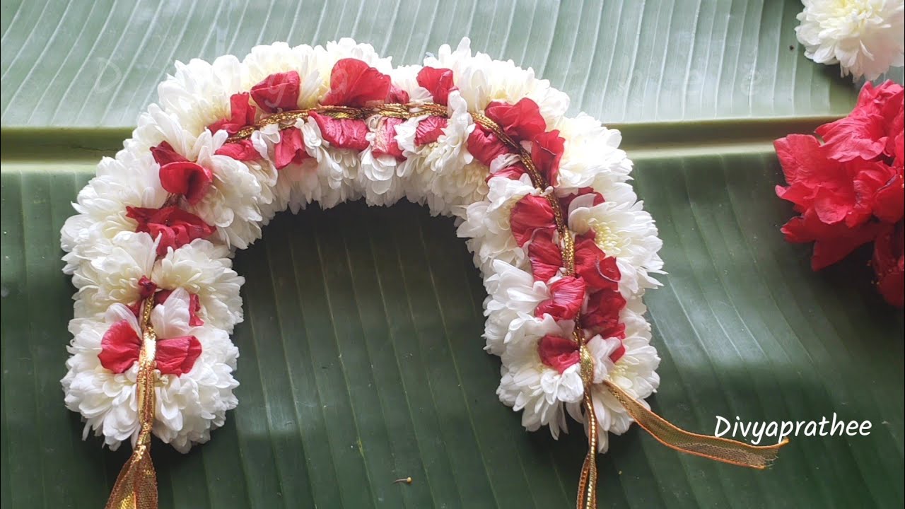 Easy Chrysanthemum and red Hibiscus combined flower GARLAND/Gajra/veni/malaforgod/temple GARLAND diy