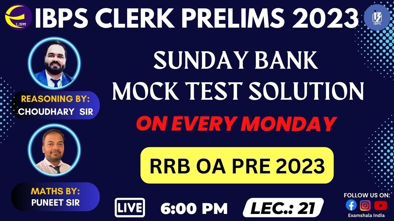 Sunday Mock Test || Solutions || RRB OA PRE 2023 ||  LEC. 21 || Examshala