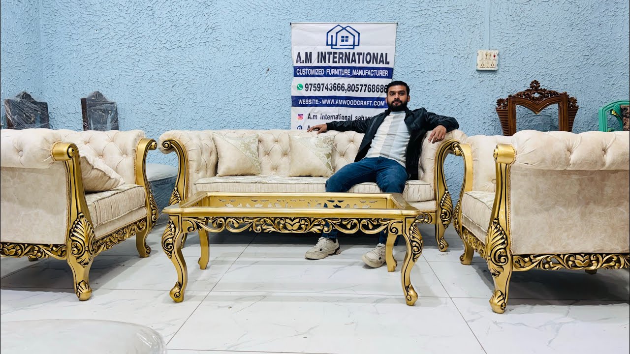 Dual Combination Of Chesterfield + carving 5 Seater Sofa Set | Sofa Design | Saharanpur Furniture.