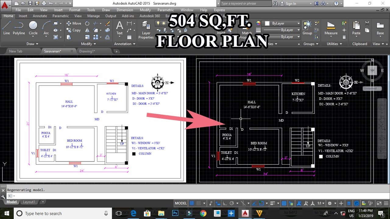 Autocad Civil Live Project 504 Sq.ft Floor Plan -- Tamil