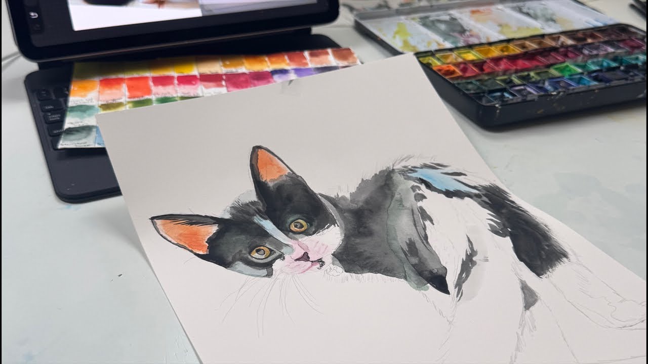 Hang out with me while I paint a black and white kitten part two!
