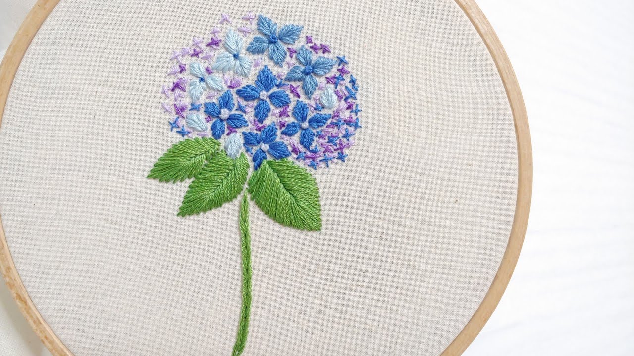 [프랑스 자수] 수국 자수 Hydrangea Embroidery / 야생화 자수 /새틴스티치 Satin Stitch / 도안제공 free pattern