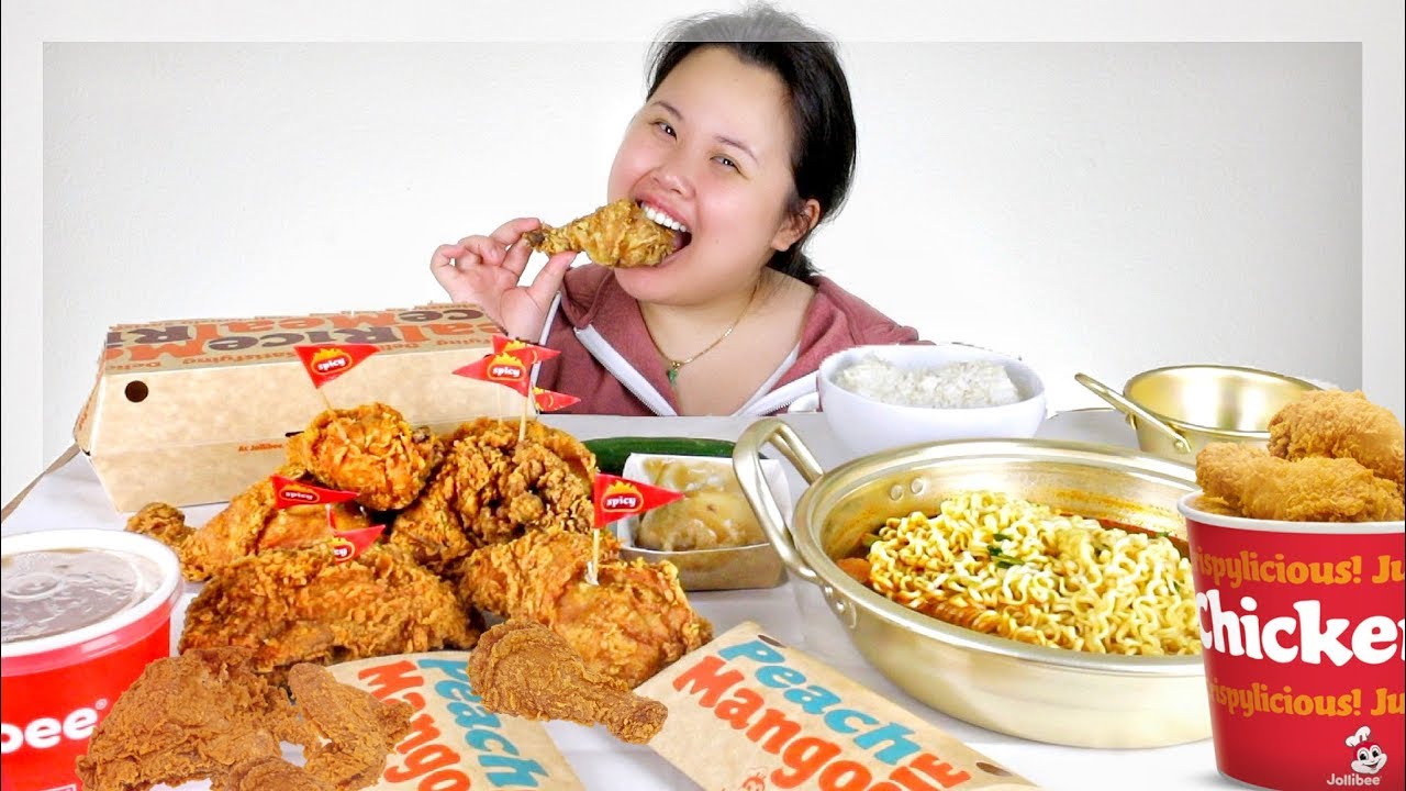 JOLLIBEE SPICY FRIED CHICKEN MUKBANG 먹방 AND SPICY RAMEN NOODLES EATING SHOW!