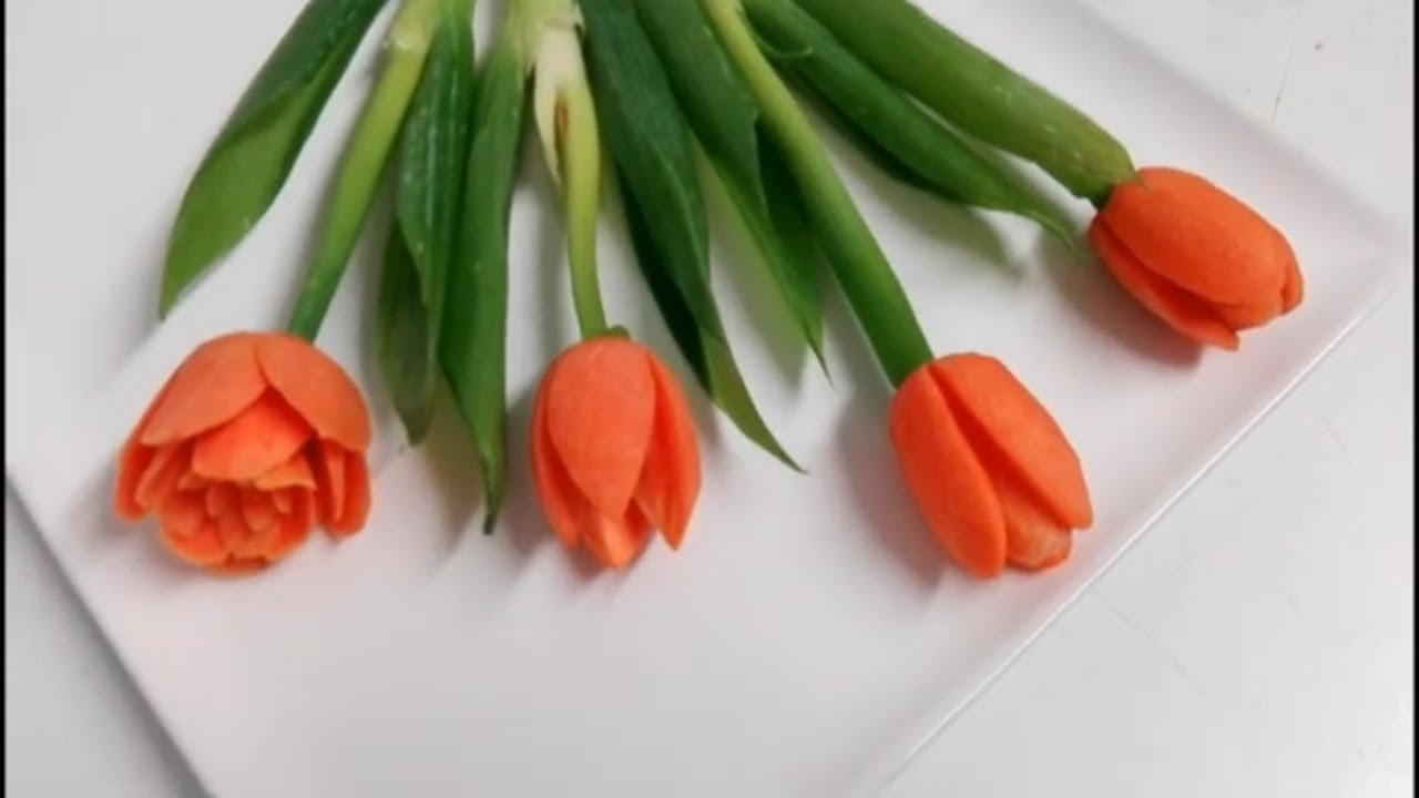 Carrot Carving/how to make Carrot Tulpen flower garnish art tutorial for beginners