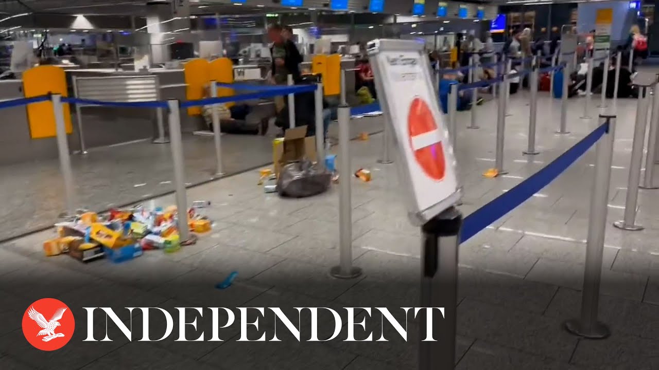 Rubbish scattered in Frankfurt airport after flooding prompts flight cancellations