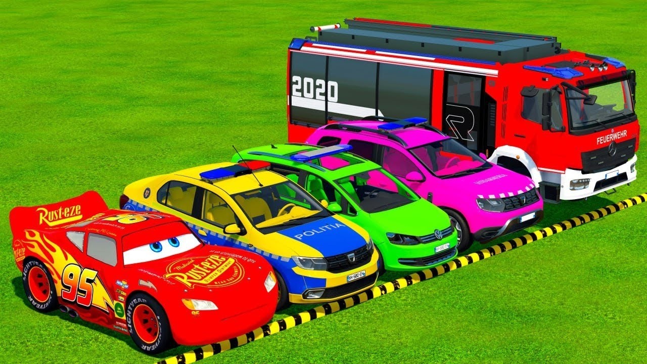 TRANSPORTING PIXAR CARS & FRUITS WITH COLORED & JOHN DEERE vs CLAAS vs TRACTORS - BeamNG.drive #983