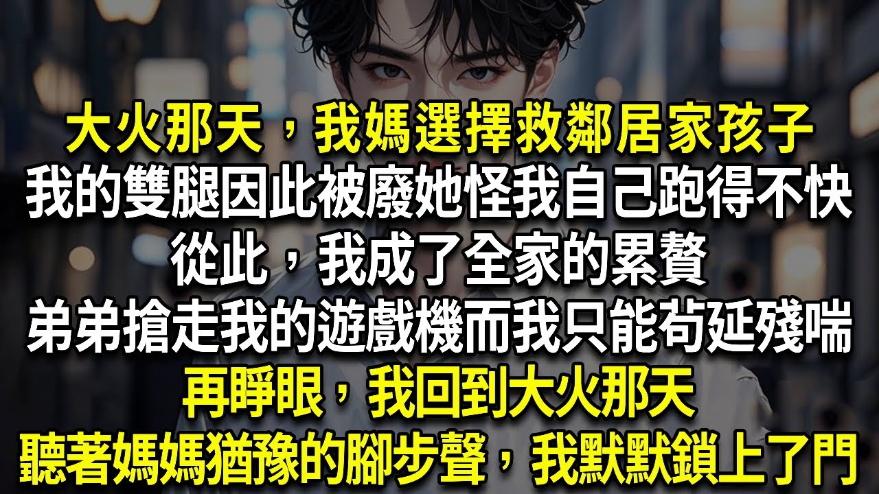 大火那天，我媽選擇救鄰居家孩子我的雙腿因此被廢她怪我自己跑得不快從此，我成了全家的累贅弟弟搶走我的遊戲機而我只能茍延殘喘再睜眼，我回到大火那天聽著媽媽猶豫的腳步聲，我默默鎖上了門