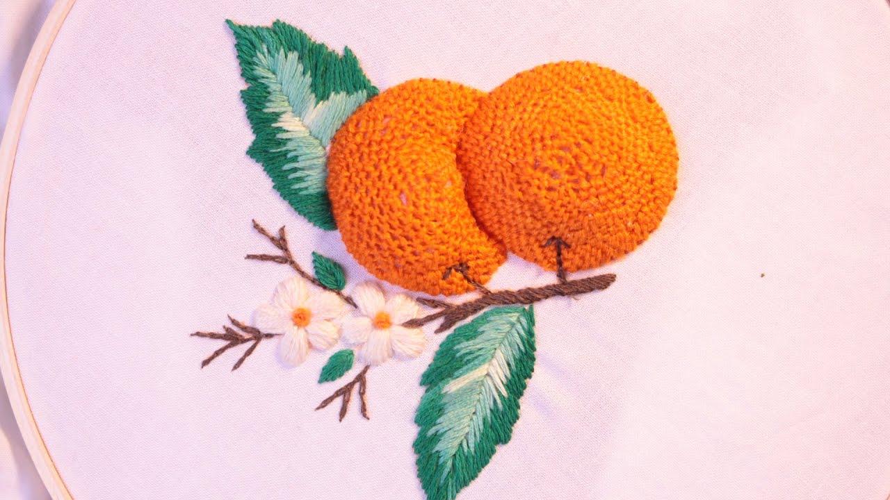3D hand embroidery design * how to embroidered an (Orange ) easy stitches beginners friendly