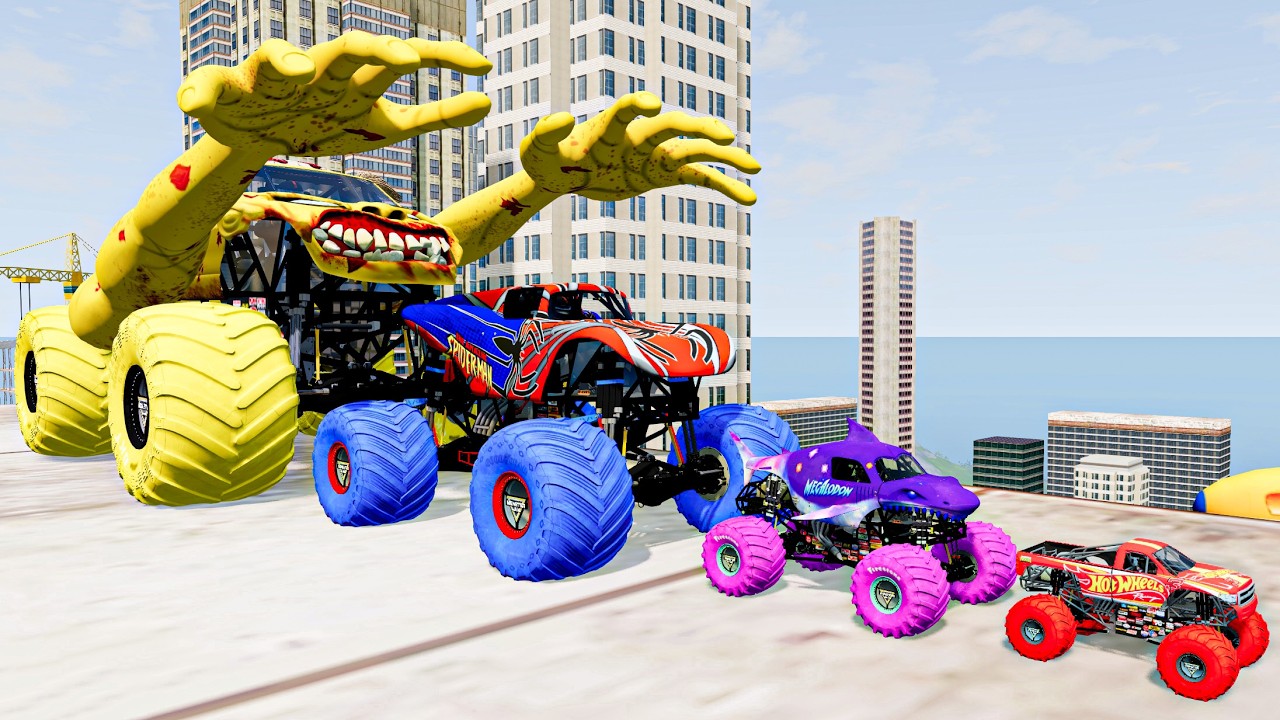 Giant zombie monster truck and other monster jam trucks on ramp in the city of skyscrapers