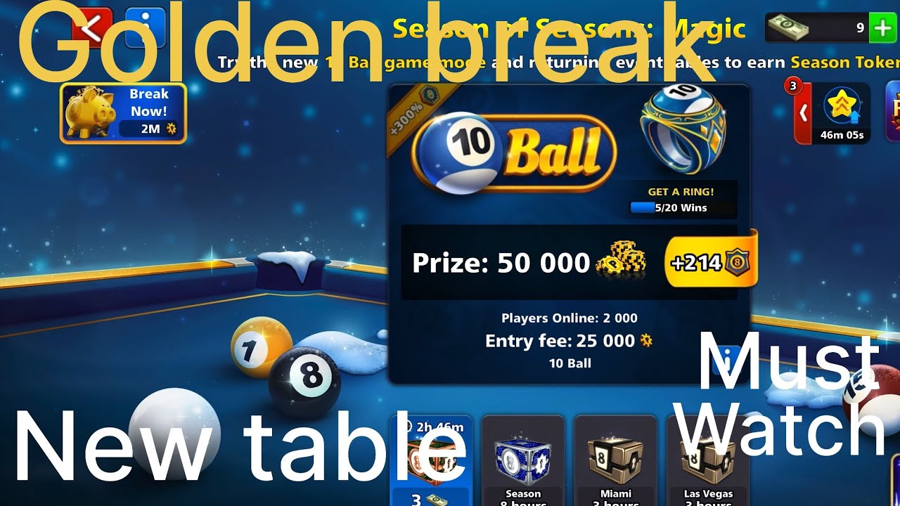 New 10 Ball Golden Break 1 Shot Win 8Ball Pool New Table Trick Shot Must Watch 