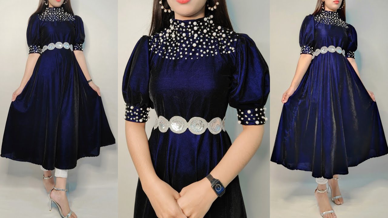 Beautiful velvet dress for girls/neck embroidery /party wear frock /latest dress design for girls