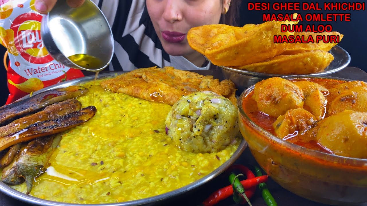 Eating Spicy 🔥 Khichdi, Dum Aloo, Masala Puri, Masala Omlette, Bengan Fry, Aloo Bhorta | Asmr Mukban