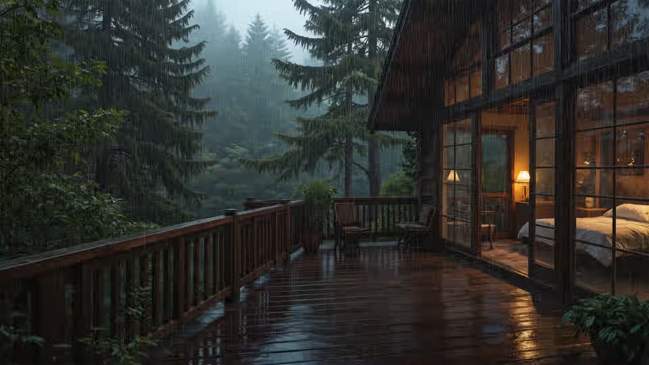 Soft Piano and Gentle Night Rain in Forest Cabin – Dark Sleep Music for Insomnia Deep Rest