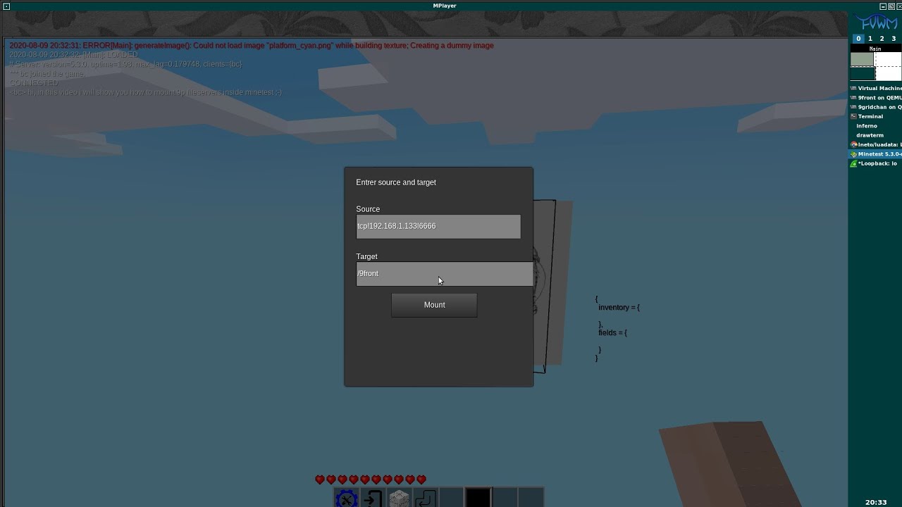 Mounting 9p fileservers inside minetest world