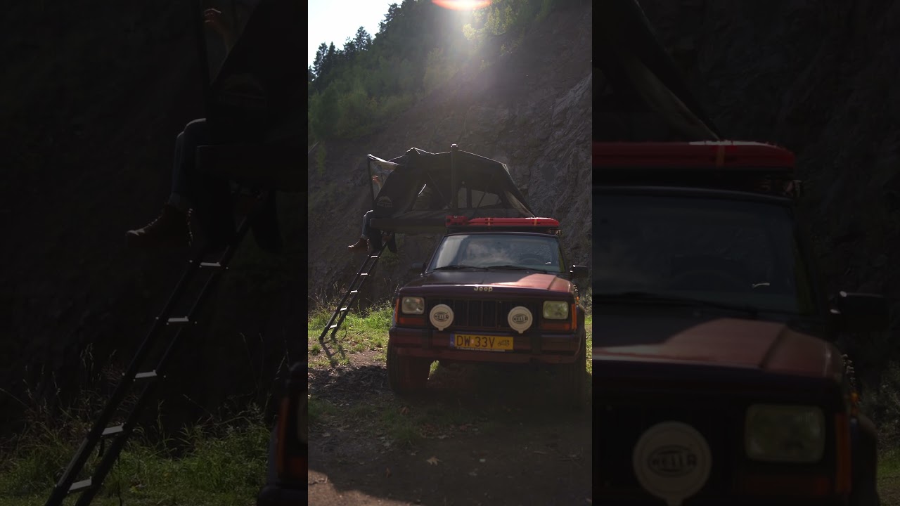 Car camping with Jeep Cherokee XJ and WildLand Summit Explorer rooftop tent.
