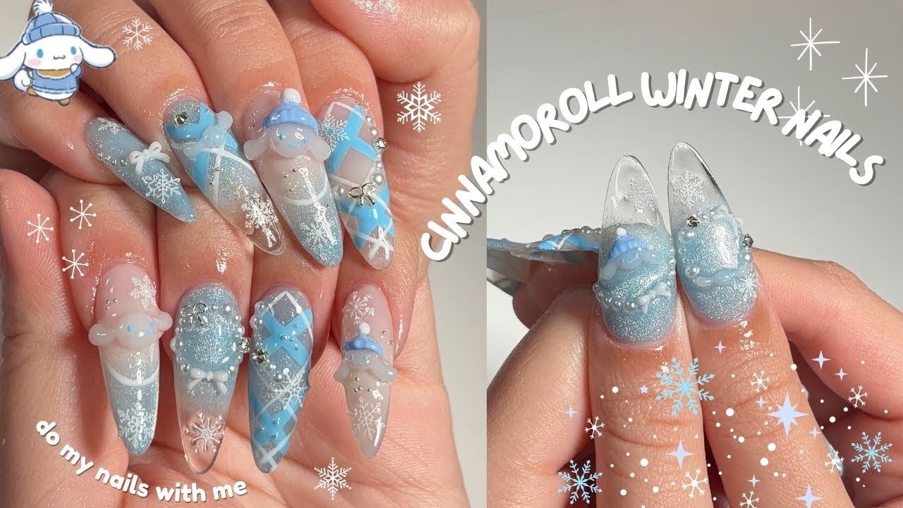 do my nails with me ⋆｡‧˚❆☃️❆˚‧｡⋆ cinnamoroll winter themed, asmr, no talking, hand made charms