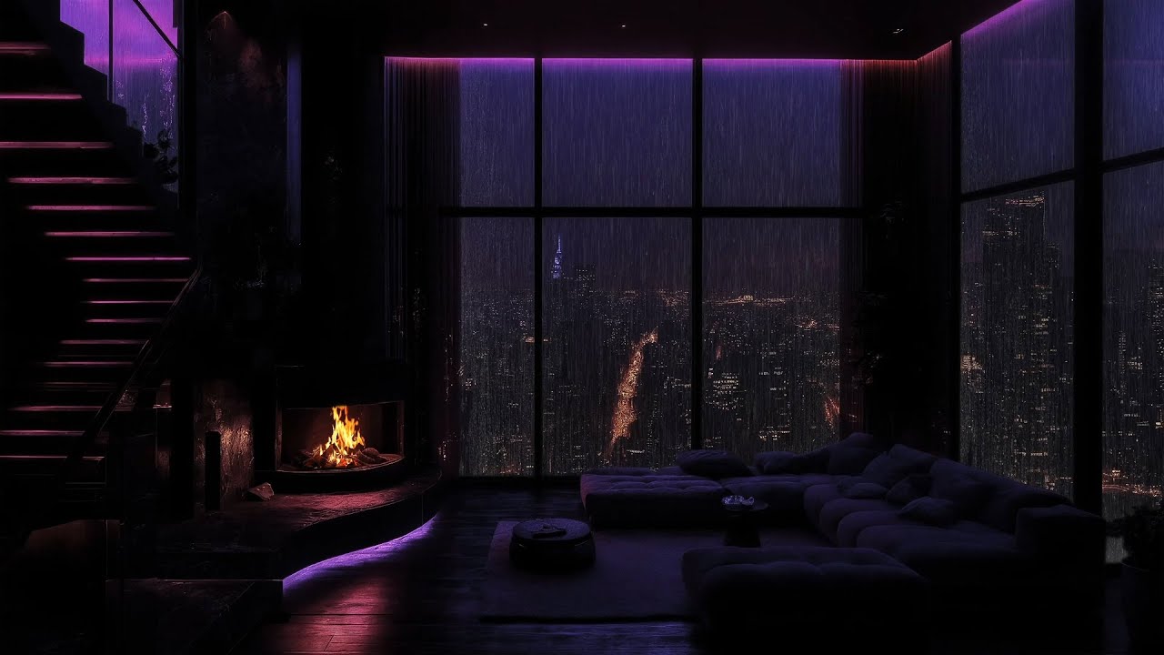 💧😴 Escape to a Cozy Living Room: Heavy Rain on Window & Crackling Fire for Ultimate Relaxation