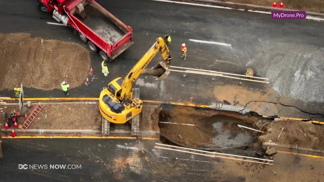 WATCH: Crews dig large whole in ground after water main break in Montgomery County