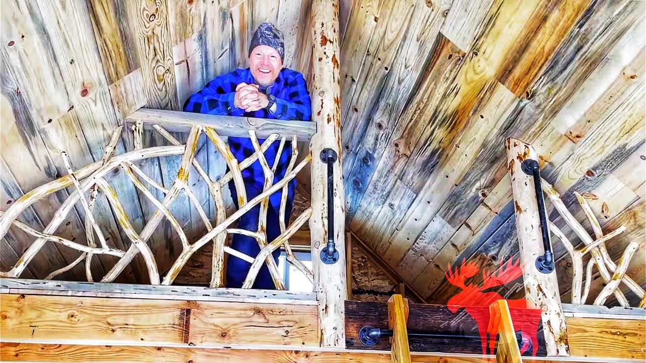 Making a Loft Railing from Pine Branches in an Off Grid Cabin.