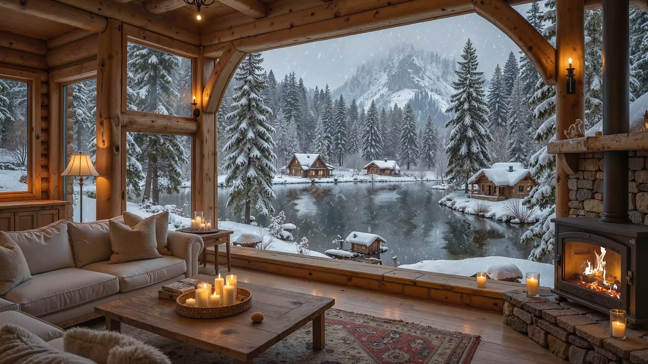 Snowfall at Cozy Winter Cabin Ambience ❄️ Slow Piano Music & Fireplace Sounds for Relaxation