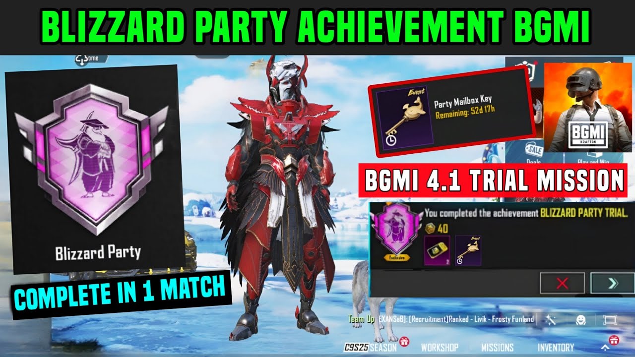 BGMI BLIZZARD PARTY ACHIEVEMENT/ COMPLETE A SPECIAL TRIAL MISSION 1 TIME/ PARTY MAILBOX KEY BGMI 4.1
