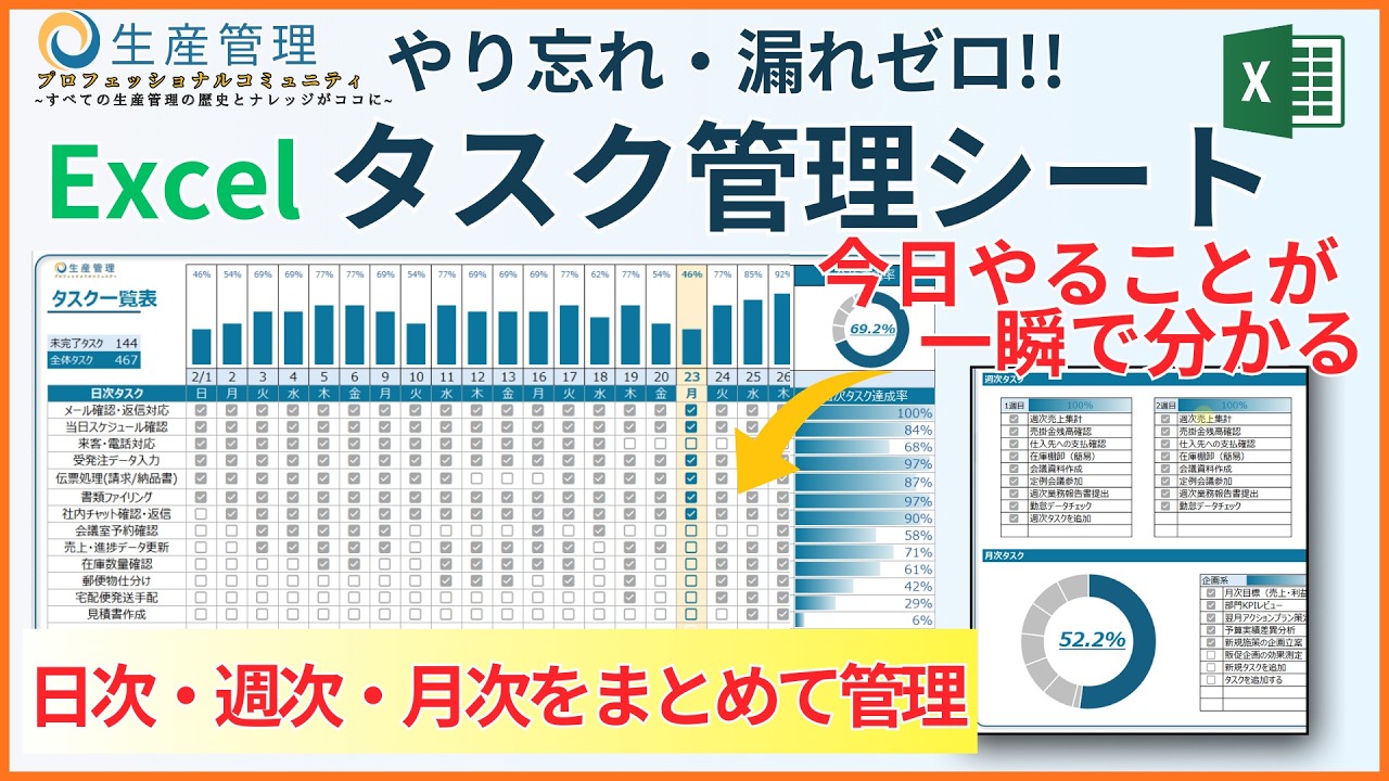 【抜け漏れゼロへ】日次・週次・月次を一元管理できるExcelタスク表