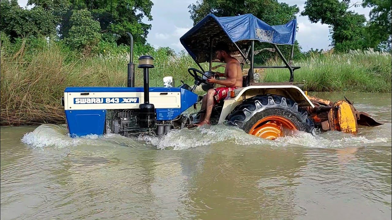 Swaraj 843Xm Tractor Washing With Rotavator In River | Tractor Stuck In River, Tractor Cartoon Video