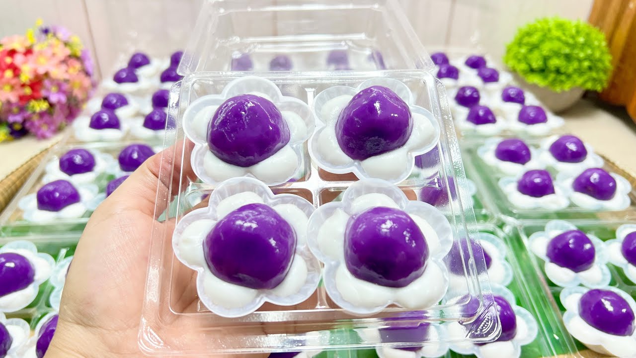 ขนมสอดไส้อัญชัญประยุกต์้ ￼แป้งเหนียวนุ่มไส้หวานฉ่ำอร่อยมาก สีสวย