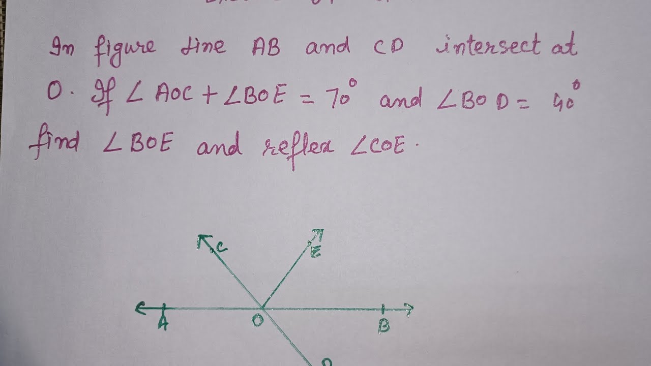 In figure 6.13 lines AB and CD intersect at O . If angle AOC+ angle BOE=70⁰ and angle BOD =40⁰ 