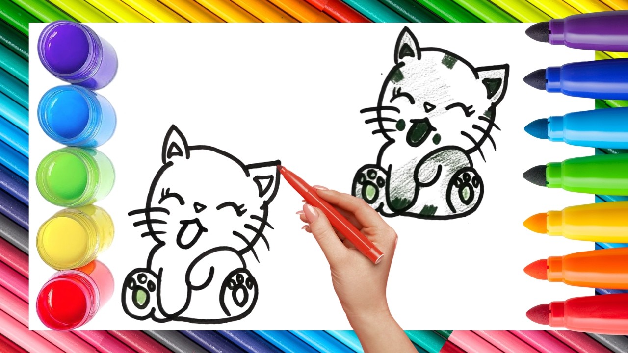 How To Draw cute Cat Drawing, Painting & Coloring For Kids and Toddlers_ Child Art 🐋🌈🎨