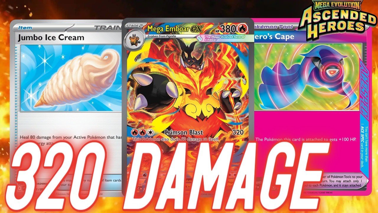 Колода Mega Emboar наносит огромный урон и имеет 480 HP благодаря козырю Hero's Cape ACE | PTCGL