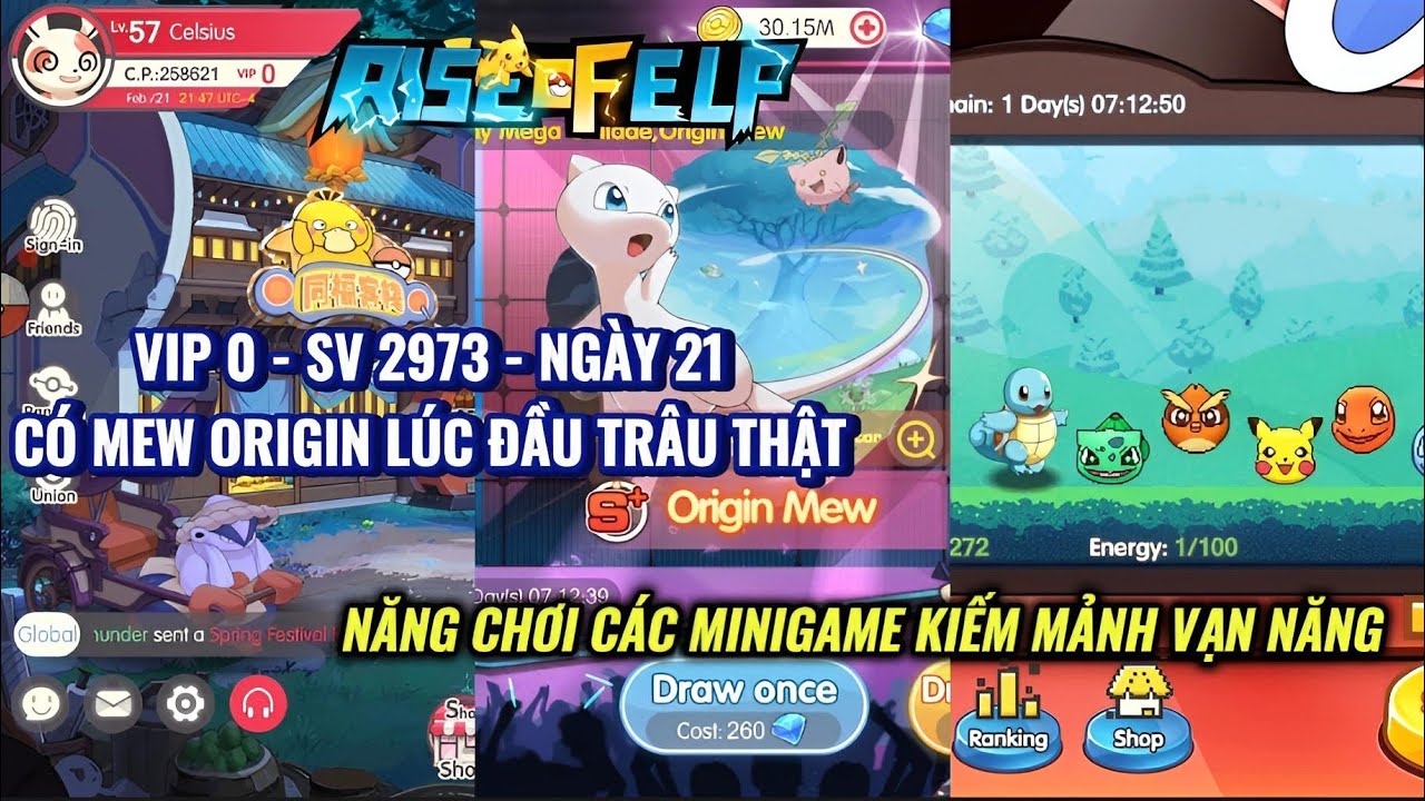 RISE OF ELF - VIP 0 - SV 2973 - NGÀY 21 : Lúc đầu có Mew Origin trâu thật | Chơi các Minigame kiếm 💎