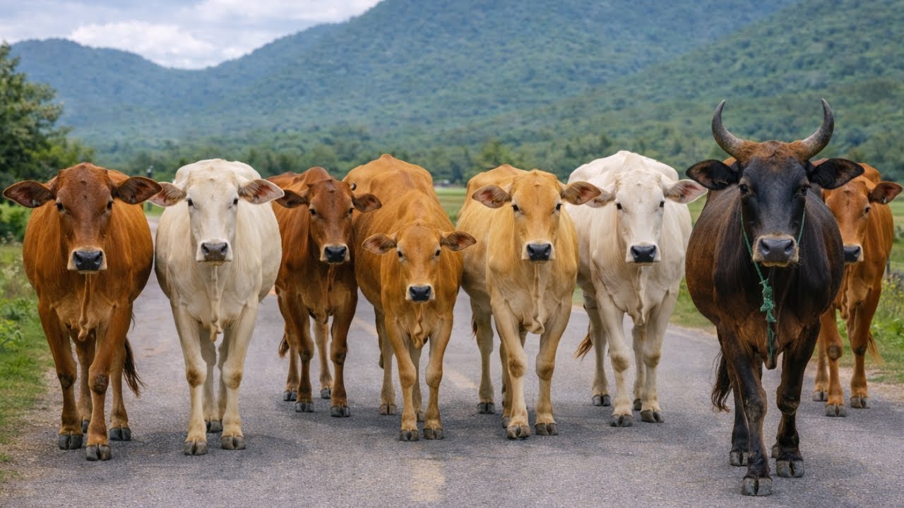 Aktivitas Mengiring Sapi Lembu  Menuju Ke Kandang Peternakan Hewan Ternak sapi - Suara sapi moo