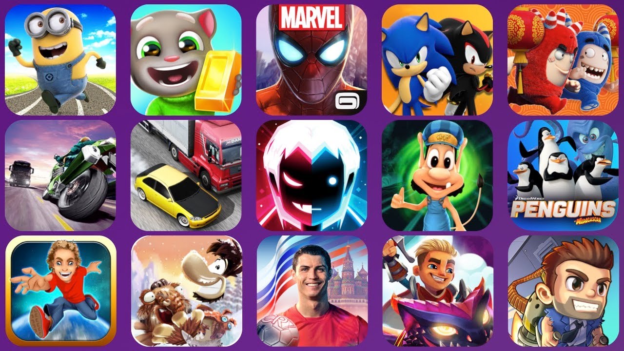 Minion Rush, Talking Tom, Spiderman, Sonic, Traffic Rider, Traffic Racer, Blades of Brim (15 in 1)