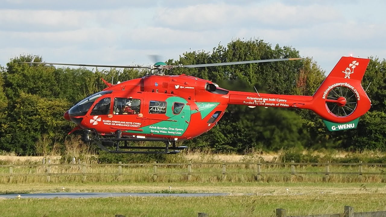 Encore: Wales Air Ambulance Airbus H145 G-WENU landing and takeoff