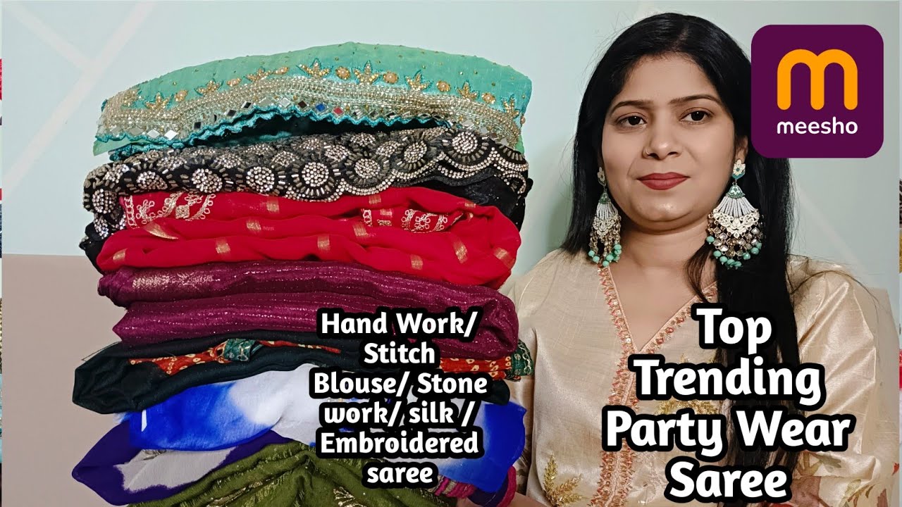 Meesho😍 saree haul  Rs-243| Meesho stitch blouse saree/ hand work saree haul |  party wear saree