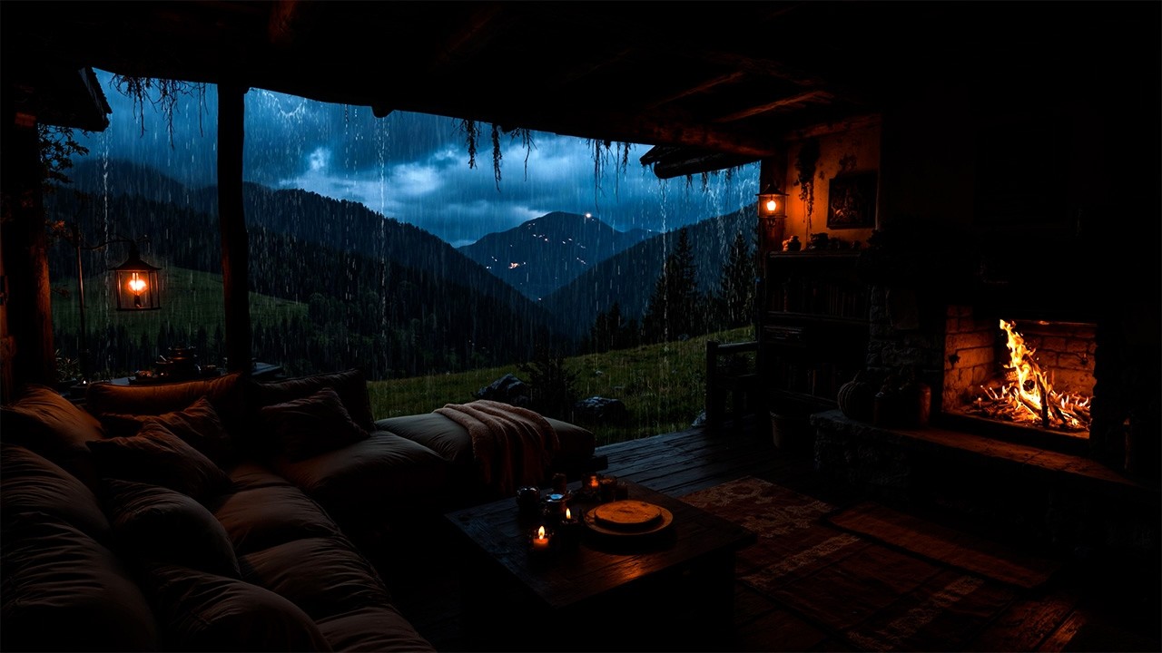 Peaceful Rainstorm in a Cozy Cabin | Rain Sounds, Thunder & Fireplace Ambience for Sleep
